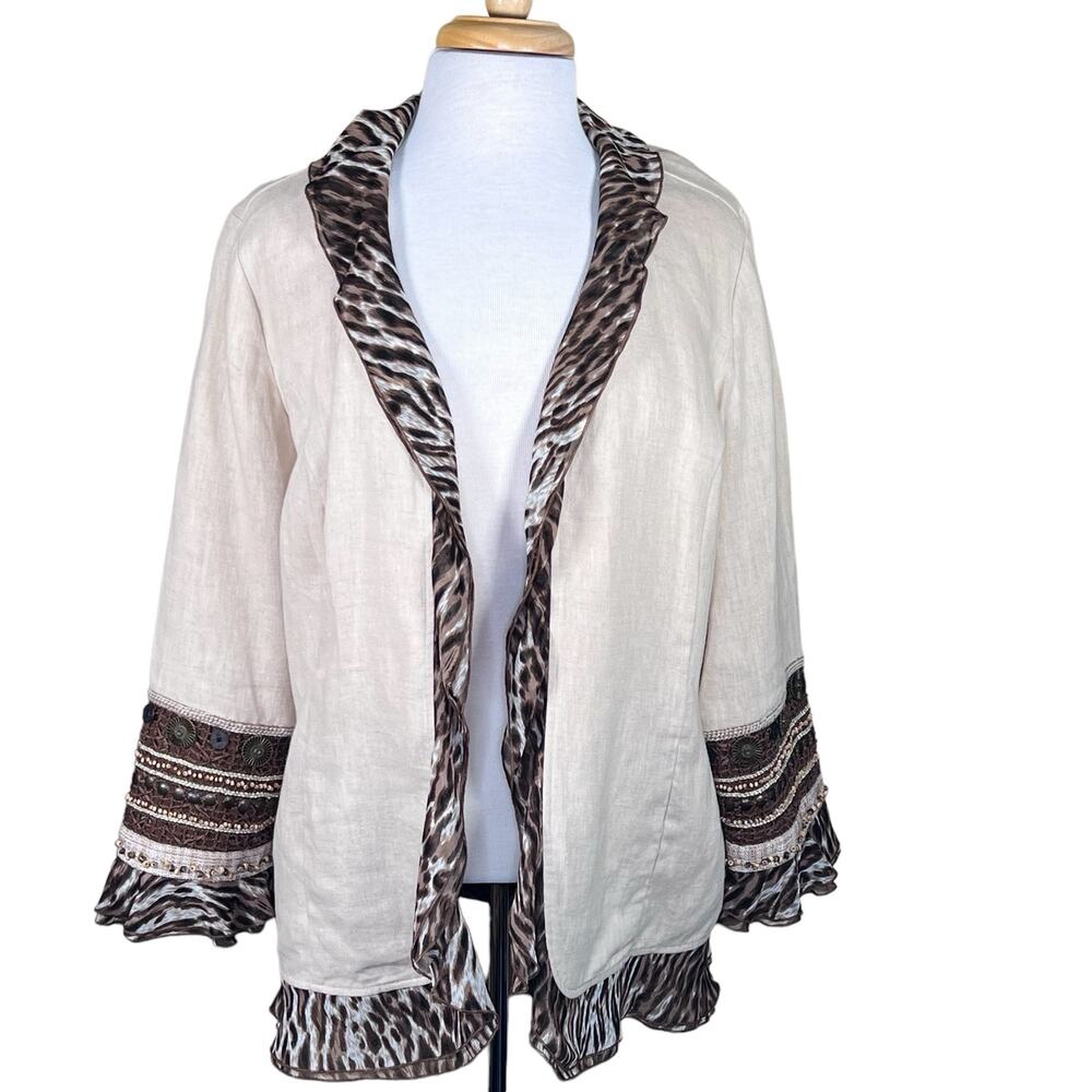 Chico’s Women’s Tan Linen Jacket with Animal Print Trim & Embellished Cuffs L/12